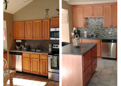 Side-by-side before and after comparison of a kitchen renovation, showcasing updated cabinets, backsplash, countertops, lighting, and flooring. The After image highlights a modern, brighter look by Riverside Kitchen and Bath.