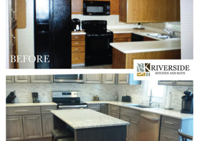 Before and after: See the dramatic kitchen transformation—from dark wood cabinets and black appliances to bright gray cabinets, stainless steel appliances, and a stylish new center island.