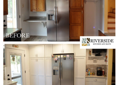 Before and after kitchen remodel: The top image reveals a fridge with mismatched wood cabinets, while the bottom shows the stunning transformation—white cabinets, built-in storage, and modern decor.