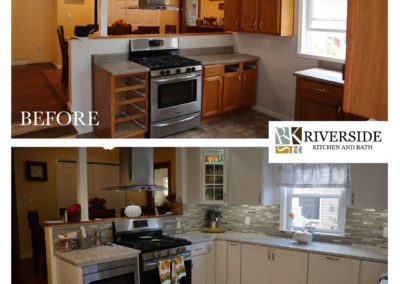 Side-by-side before and after images of a kitchen remodel; the original kitchen has wood cabinets and plain counters, while the remodeled space features light cabinets, a tile backsplash, and new countertops.