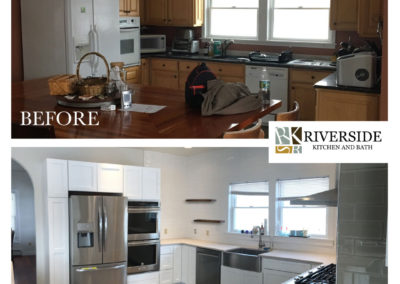 See stunning before and after images of a kitchen remodel—outdated wood cabinets and dark counters are transformed into a modern space with white cabinetry, stainless steel appliances, and sleek, white countertops.