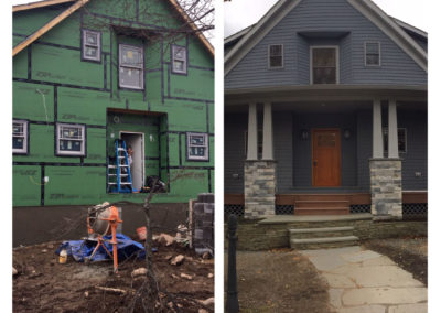 Side-by-side photos show a striking before and after: a house under construction with green sheathing (left) and the same home fully finished with gray siding, stone accents, and a wooden door (right). Riverside Kitchen and Bath logo at bottom.