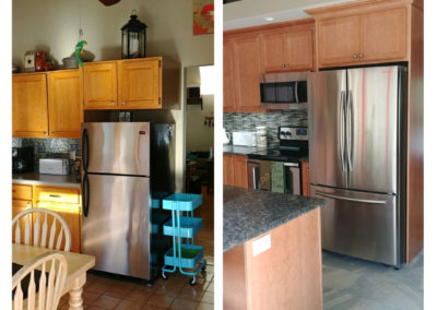 Side-by-side before and after photos show a kitchen transformation: the old space with a dated fridge and wood cabinets becomes a modern haven, featuring stainless steel appliances, new cabinets, and a sleek kitchen island.